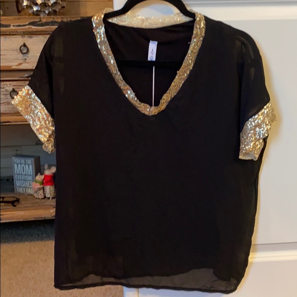 NWT Black shirt w/ Gold Sequins from France  Bin E